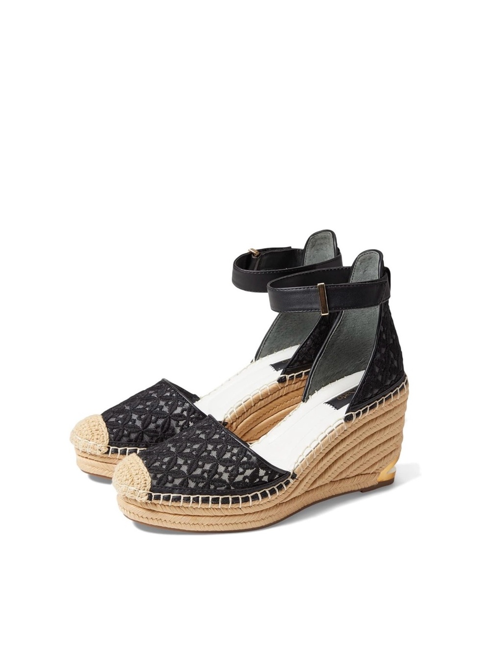 Black Lace Espadrille Wedge Sandals with Ankle Strap